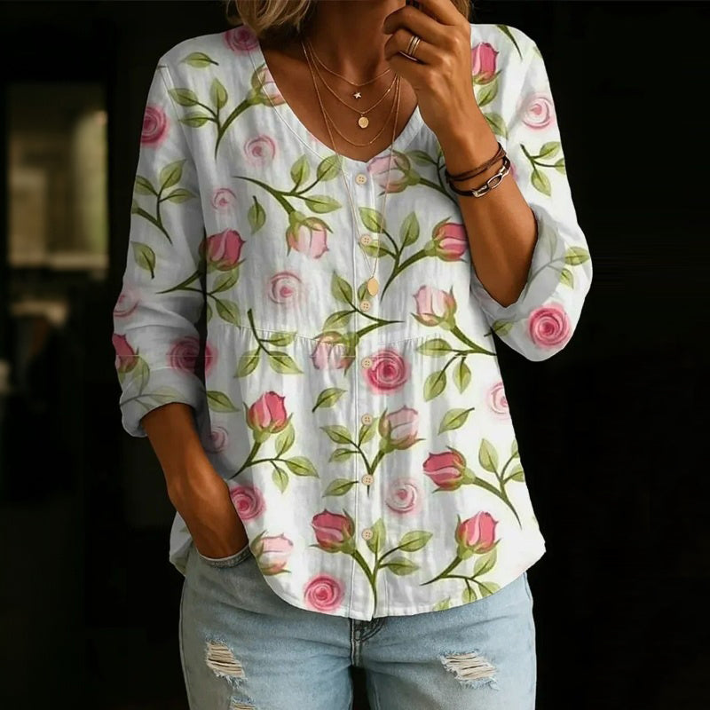 【Manga larga】Blusa vintage con estampado floral