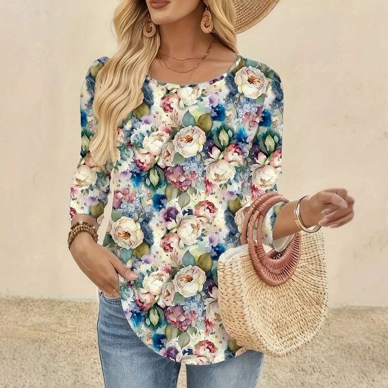 【Manga larga】Camiseta vintage con estampado floral