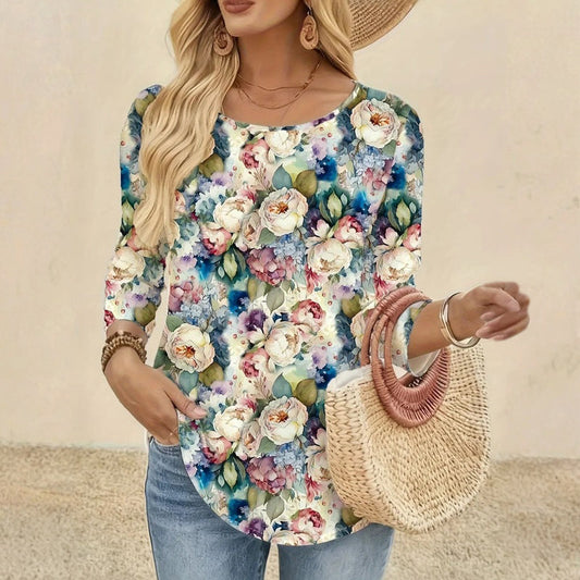 【Manga larga】Camiseta vintage con estampado floral