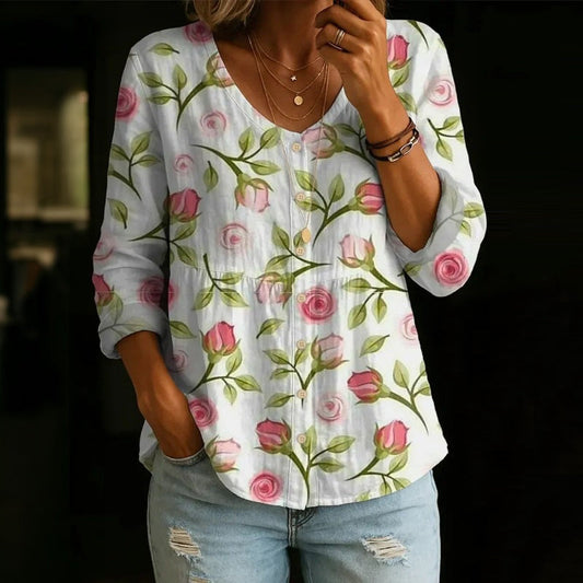 【Manga larga】Blusa vintage con estampado floral